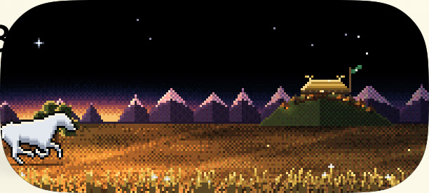 The Riddermark at dusk: Shadowfax gallops across golden grass toward the hall on its hill, pink mountains behind.