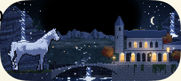 The Dynamic Island at deep night: Shadowfax stands on the bridge at Rivendell under a crescent moon while snow falls past the lit windows.