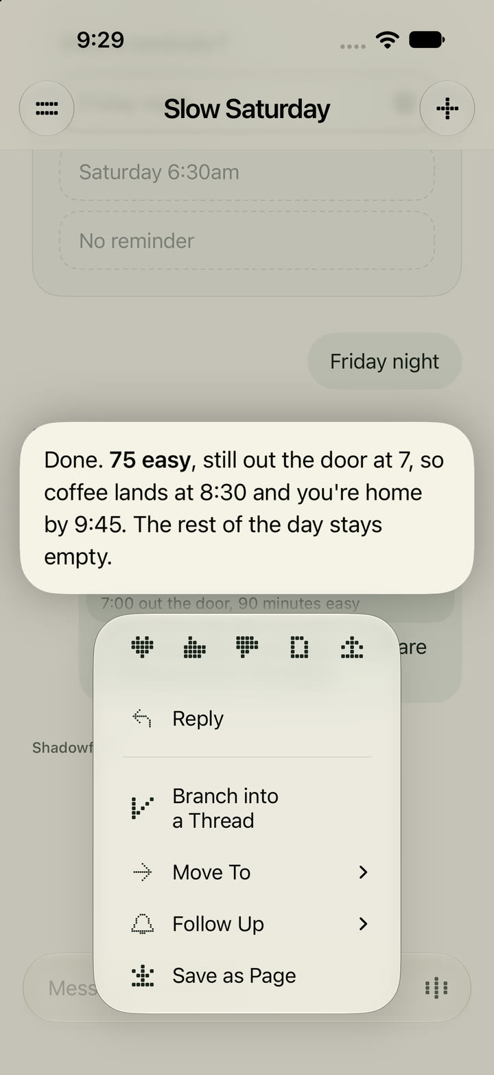 A reply lifted on a paper card in the Slow Saturday thread, with three tapbacks, Copy and Share above a menu of Reply, Branch into a Thread, Move To, Follow Up and Save as Page.