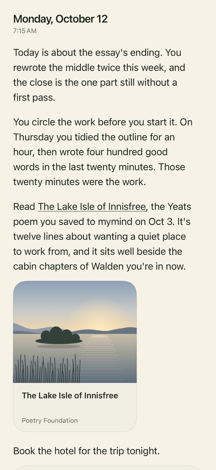 The morning letter in the thread: Monday, October 12 as its head, short paragraphs in page type, the poem The Lake Isle of Innisfree underlined in the text with its link card beneath, then the to-do Book the hotel for the trip tonight with its reminder card.
