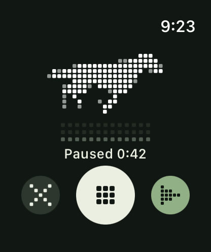 The same take paused at 0:42, the meter gone grey, with discard, stop and a green resume button.